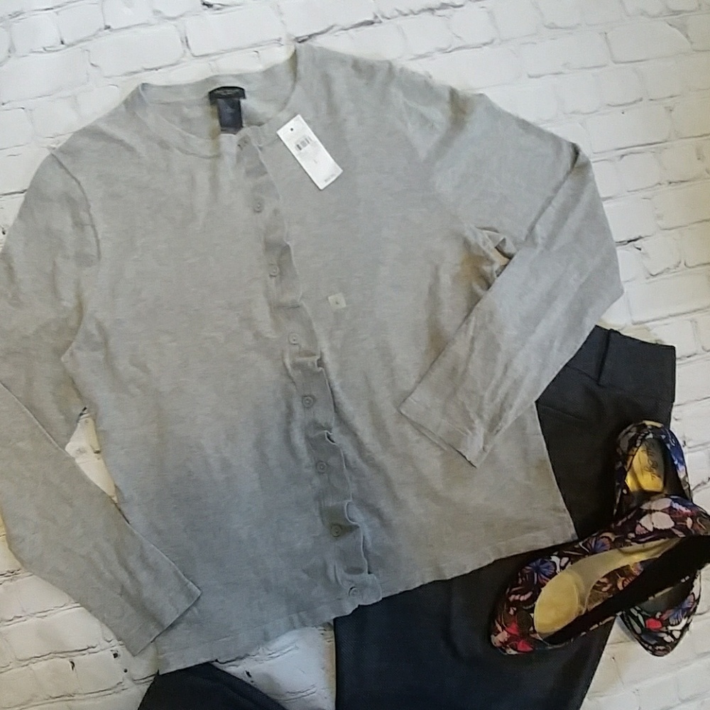 NWT Ann Taylor Loft Gray Ruffle Button Cardigan